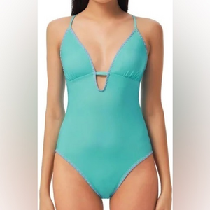 Lucky Brand Shell Stitch Blue One‎ Piece plung Neck Swimsuit size Medium